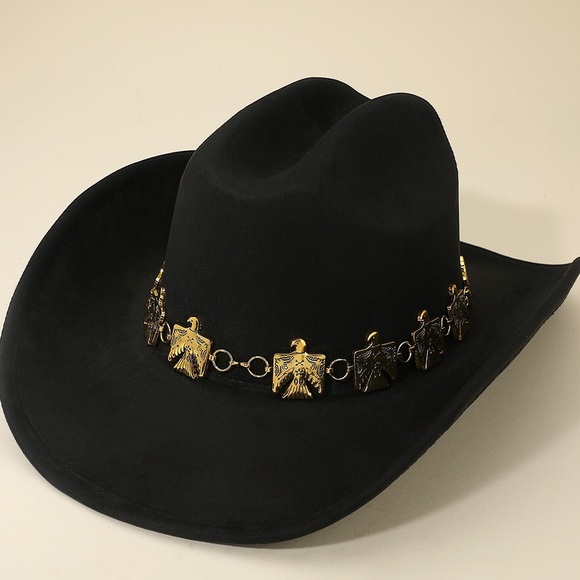 Black Western Cowboy Fedora Hat with Gold Concho Eagle Chain Band - Picture 1 of 4